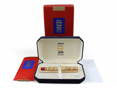 Omas Jerusalem 3000 Gold Rollerball: Omas Jerusalem 3000 Rollerball with marked 18k gold overlay. Does not appear to be numbered. In original box with papers.