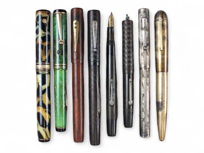 Mabie Todd, Wahl & Waterman Fountain Pens: 8 fountain pens including Mabie Todd Swan Sterling overlay fountain pen with Wahl nib, Oversize Wahl with Signature nib (missing cap clip), Jade Wahl with adjustable nib, Gold filled Wahl Eversharp Sk