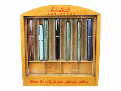 Esterbrook Fountain Pen Case & Pens: Esterbrook Fountain Pen store counter top display case with 7 fountain pen (3 J, 1 LJ, 2 SJ, 1 CH). Some cracks to the wood.