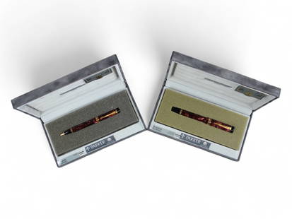Parker Duofold Marbled Red Fountain Pen, Ballpoint: Parker Duofold Marbled Red Centennial fountain pen and ballpoint pen, in boxes (boxes have labels for the Marbled Green variety). Appear lightly used.