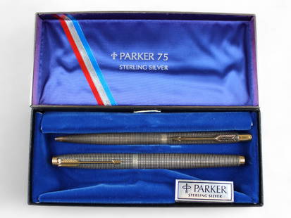 Parker 75 Crosshatch Sterling Fountain Pen Set: Parker 75 Sterling Silver Crosshatch Fountain Pen and Ballpoint set in original box. Appears unused. 14k fine nib.