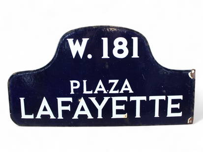 Vtg NYC Plaza Lafayette Porcelain Street Sign: Vintage blue porcelain New York City, "W.181 Plaza Lafayette" street sign. Double sided. Mounted holes along the edge. Both sides show some areas of surface wear, some porcelain loss, etc. One of the