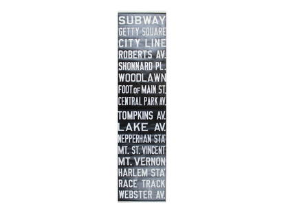 New York City Subway Station Rolling Sign: Early 20th Century. Overall approx. 8 feet long x 15-3/4" wide. Show stops for Webster Ave, Race Track, Central Park Ave, Woodlawn, City Line, Getty Square and others.