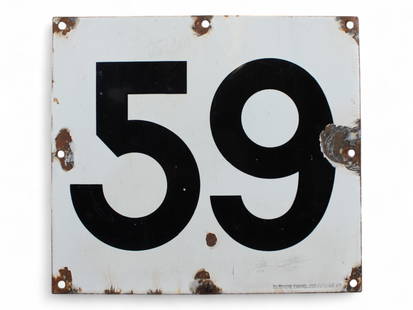 Vintage New York City 59th Street Subway Sign: Single sided enameled porcelain. Approx. 12" x 10-3/4". Bottom edge stamped "Baltimore Enamel, 200 Fifth Ave N.Y.".Shows surface wear with scuffs, scratches, and areas of pitting and porcelain loss.