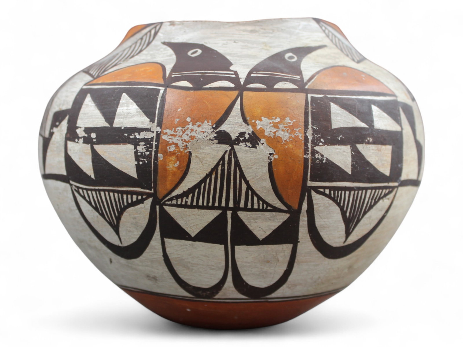 Acoma Bird Pot 1930-1940s: Acoma Bird Pot, ca. 1930-40s. Abrasion on one side. 5 3/4'' tall.