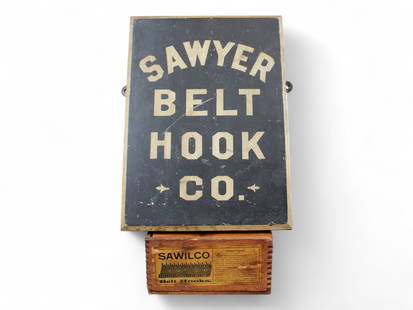 2 Piece Advertising Lot, Sawyer Belt Hook Co 1890s: Includes 8-1/2" x 12" wooden sign, along with wooden box (6-1/2" x 3-1/2" x 3-1/2"). Both show some wear.