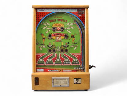 5 Cent Bink's Whiz Bowler Tabletop Arcade Game: Bink's Industries Inc. 5 Cent pinball style arcade game where players shoot balls into pockets labeled with bowling terms. Circa 1950's. Includes key. Tested and in working condition. Overall approx.