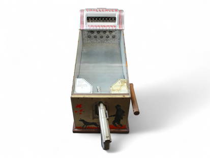 1 Cent Challenger Target Arcade Game: A.B.T. Mfg. Co., Chicago. 1 Cent Challenger Target Arcade Game. Vending Machine Co., Fayetteville, N.C. Overall approx. 29" x 15" x 9-3/4". Handle on the right side has been replaced. Tested and did n