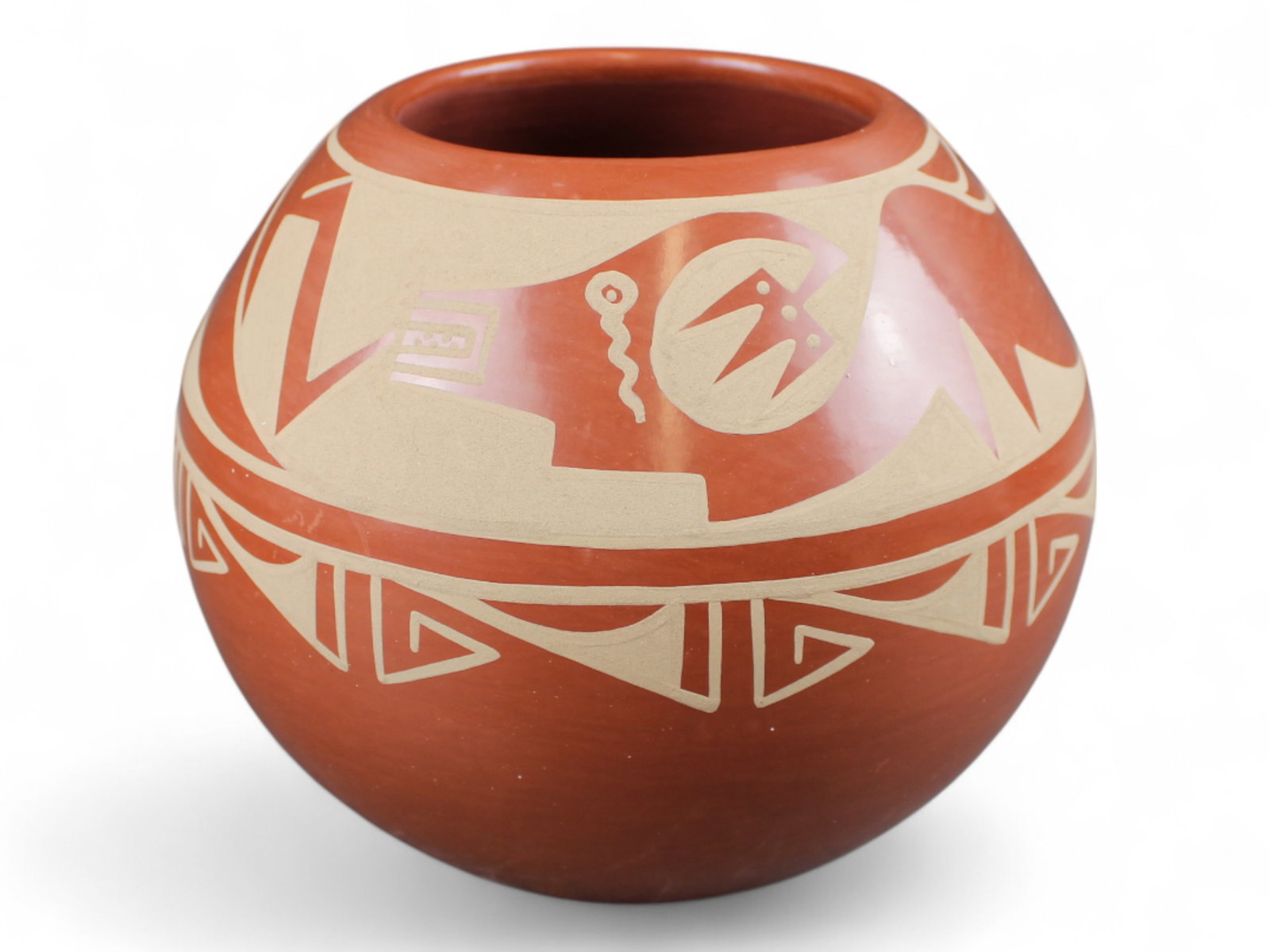 Erik Fender (Thn Tside'h) Redware Pot: Erik Fender (Than Tside'h) San Ildefanso redware avanyu pot. 7'' tall.