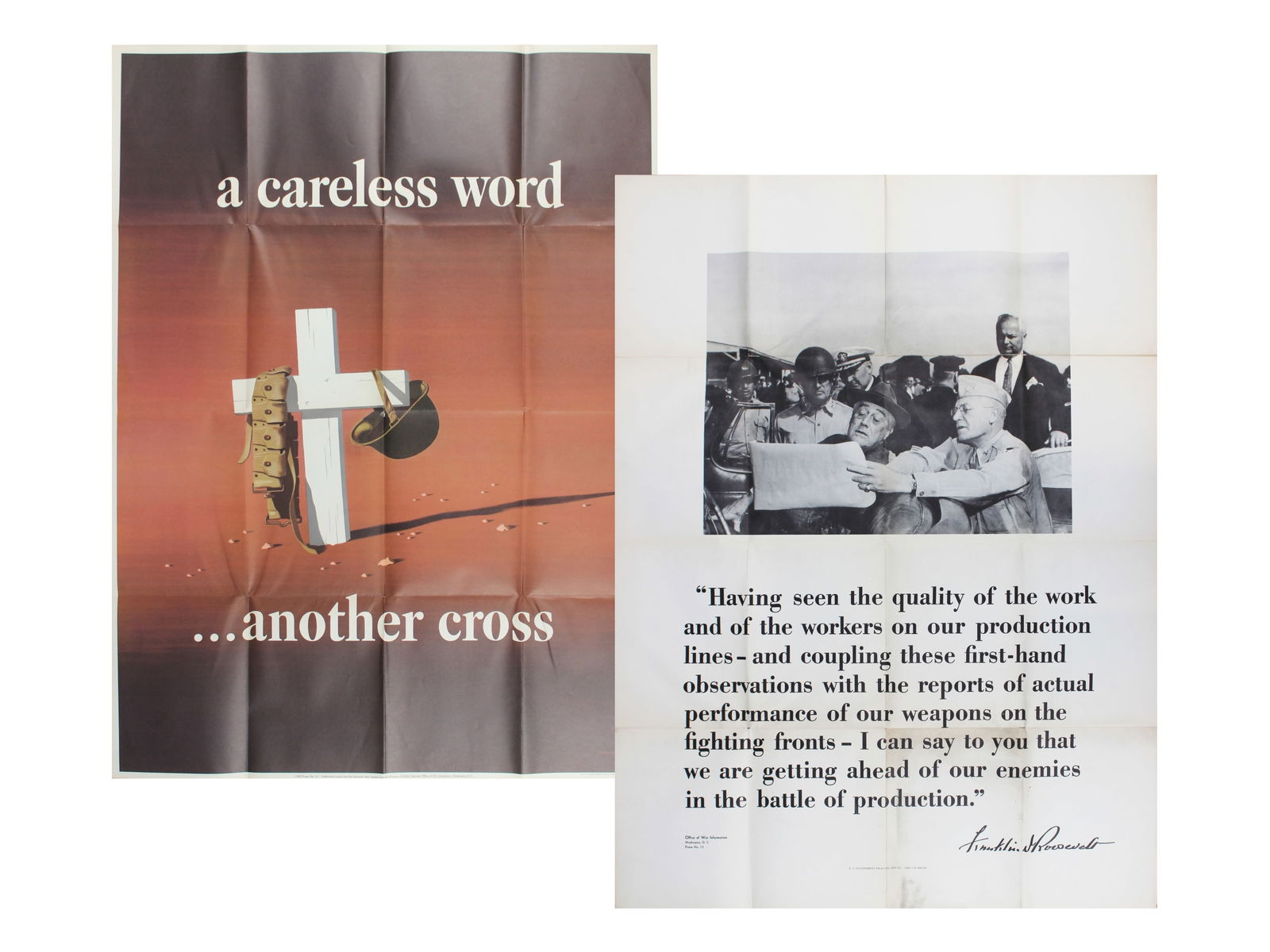 (2) Original World War II Propaganda Posters: Lot consists of (2) Original World War II propaganda posters. Includes (i) "A Careless Word...Another Cross" Poster by John Atherton, OWI Poster No.23, U.S. Government Printing Office 1943-O-501237, a