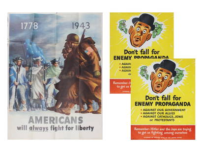 (3) Original World War II Posters: Lot of (3) Original War World War II Posters. Includes "Americans Will Always Fight for Liberty" poster by Bernard Perlin, 1943. OWI poster No.26, U.S. Government Printing Office 1943-O-502684. Approx