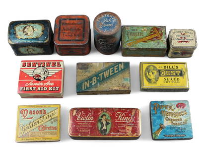 Lot of (11) Vintage Advertising Tin Boxes: Includes Violin Kings (Harmonica), Mason's Golden Days Cigarettes, Westinghouse Automobile Lamp Kit, Piper Heidsieck Chewing Tobacco, Premier Brand Typewriter Ribbon, In-B-Tween, Dill's Best Sliced Cu