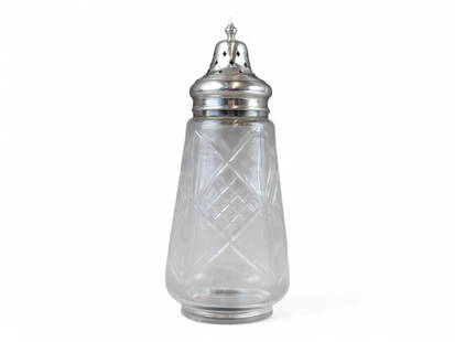 White Star Line First Class Sugar Shaker w/Silver: Overall with top, approx. 7" tall. Glass features White Star Line Flag logo. This would have been used by First Class passengers. Features a silver rim and top, both with hallmarks Birmingham 1911. Ri