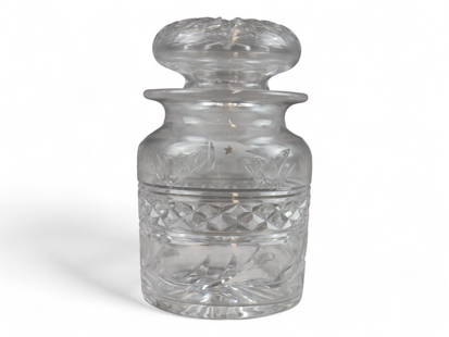 White Star Line Cut Glass Pickle Jar & Lid: Overall with lid approx. 5-3/4" tall. Wonderful cut glass Pickle Jar by Stuart Crystal. Stamped on bottom edge "Stuart England". Jar features White Star Line Flag logo. Overall excellent condition, th