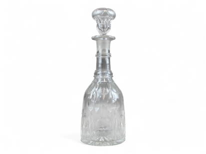 White Star Line Cut Glass Decanter & Stopper: Overall with stopper approx. 11" tall. Wonderful cut glass Decanter. Unknown maker, not marked. Features White Star Line Flag logo along the bottom edge. Excellent condition, some light surface scuffs
