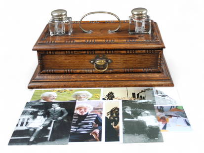 Oak Desk Stand w/White Star Line Inkwells: Offered is a oak desk stand with (2) glass inkwells, both etched with the White Star Line Flag logo. The desk stand does not have any markings. As per our consignor, at the time it was purchased, they