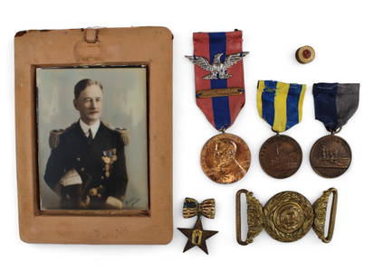 Rear Admiral Frederick Rodgers Medals & Related: Group of medals, pins, portrait, and related items. Includes Civil War Medal, numbers 14 on the rim and Spanish Campaign Medal numbered 92 on the rim (the medal rolls for both identify those to Rear A