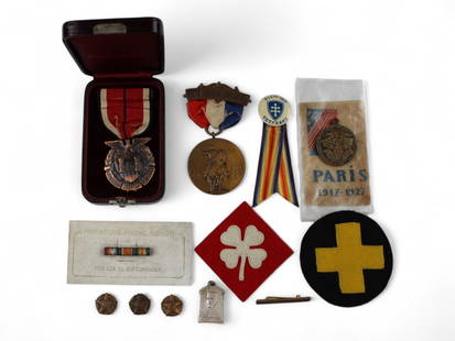 WWI Medals, Pins, and Patches: Group of WWI Medals and Pins including American Military Engineers medal in issue box, commemoration of the visit of the American Legion to France medal with original issue glassine79th Division 314th