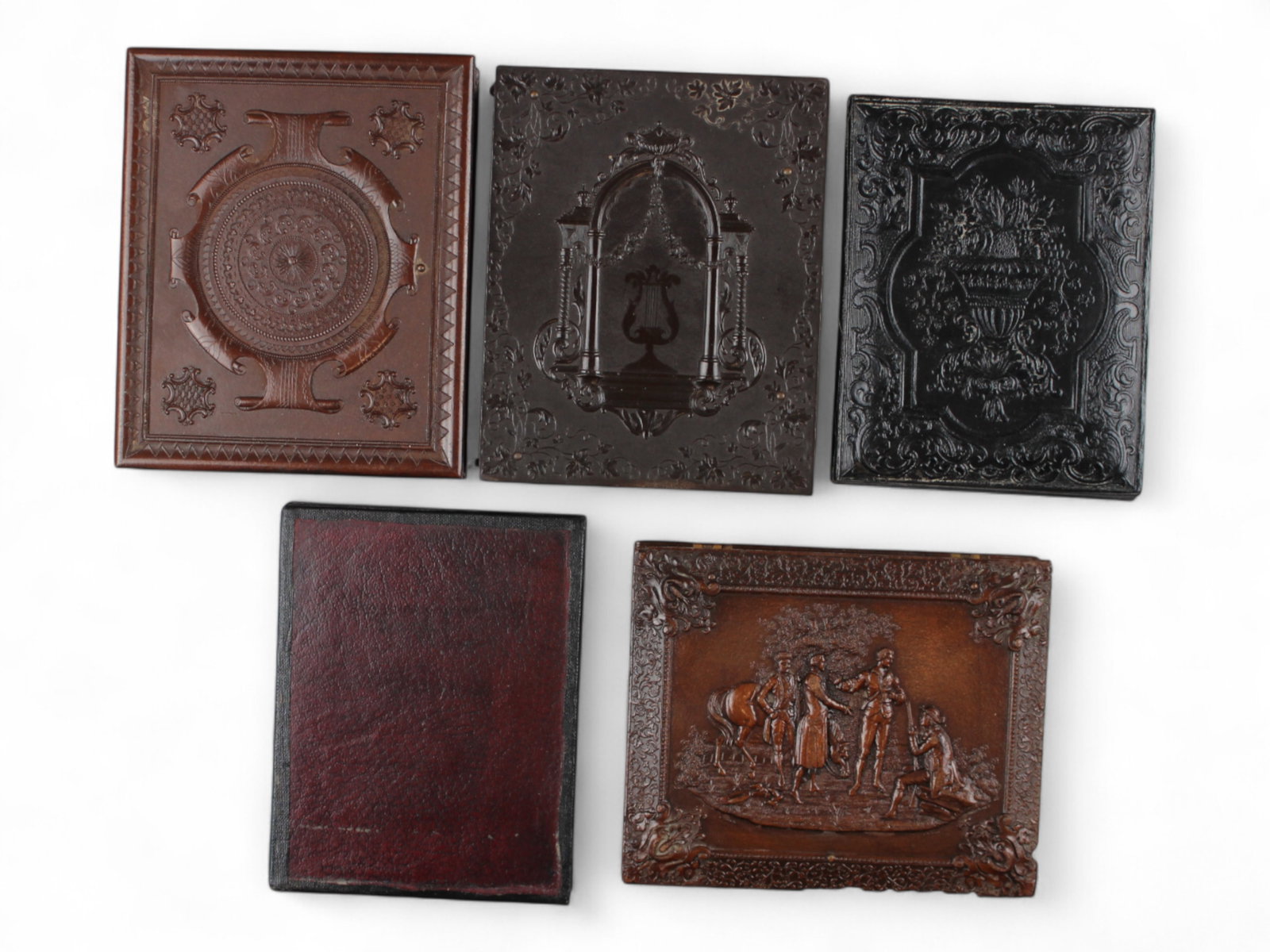 Lot of (5) 1/4 Plate Photo Cases: (3) Gutta Percha with images and two others, one with image. See photos for details.