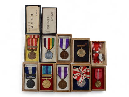 Japan Medals in Original Issue Cases: 10 Japanese Medals in cases of issue including 1931-34 Manchuria Incident Medal, 1914-1920 War Medal, Showa 1928 Enthronement Medal, First National Census Medals, Taisho Enthronement Ladies Medal, Pat