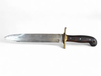 Ames U.S. Model 1849 Rifleman's Knife & Scabbard: Scarce U.S. Model 1849 Rifleman's Knife with leather scabbard and frog. Maker's marks on ricasso partially worn. Still legible on one side are "FG Co"; "LLE", "1849" (originally Ames MFG Co, Cabotvill