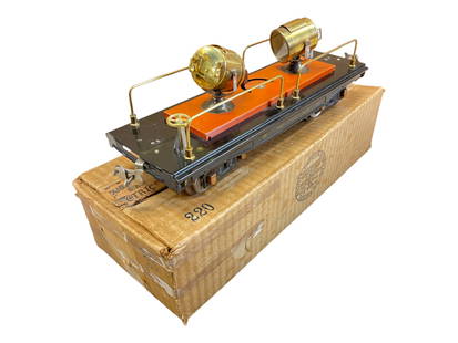 LN Boxed Lionel 220 Searchlight: Standard Gauge. Early colors with nice bright brass, near perfect lettering, shiny and clean. It has a square, but taped box. WOW!