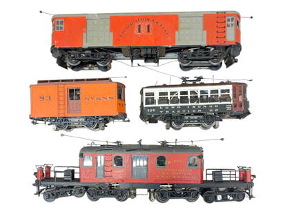 4 Custom O Scale Motorized Units: Includes a CA&E 4-4-4-4 Electric, dual motors; CA&E Double Door Maintenance Box Unit; NY&NS Box motor; Long Island Traction Burnie Style Trolley. All are interesting, nicely detailed and show use.