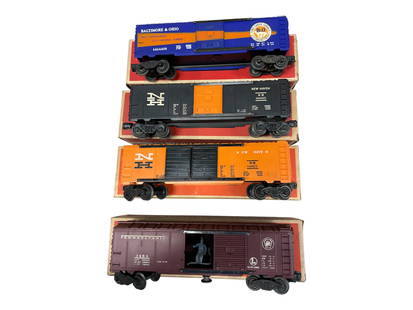 4 Boxed Lionel Boxcars: Includes a 6464-400 B&O, type IV in early OB; 6464-425 NH, Type IIB on Timken Truck frame, door guides missing some blackening; 6468 NH Auto Car, unpainted version; ob; 3484 PRR Oper boxcar, someoxi s