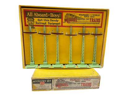Clean Boxed Lionel 71 Telegraph Pole Set: Standard Gauge. Includes 6 #80 early poles in apple green. Some flaking, but less than usual on these. All have original glass insulators and hold-downs with bright insert and better thanaverage box.