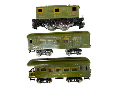 Nice Ives 3235 Passenger Set (691): Standard Gauge. 1926. Includes a 3235(R) Box Cab Electric, plated version, wheels turn freely; 170 Baggage; 172 Observation. All are sparkly shiny with great lettering, just show a few paint chips. Pr