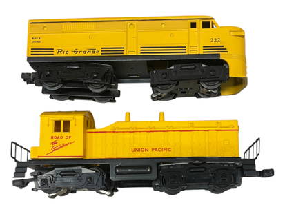 Uncataloged Lionel Diesels 222 & 645: Includes a 222 Rio Grande Alco A Diesel, nice stripes; 645 UP NW2, closed hairline screw crack. Both show light run time.