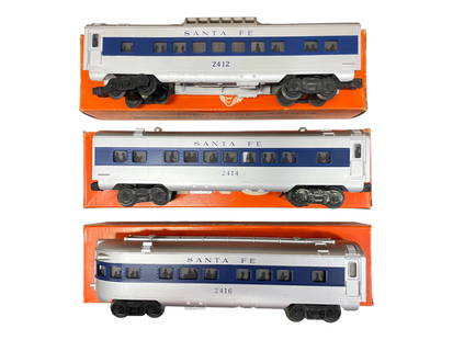 MINT Boxed Lionel 2414 Passenger Cars: Includes a 2412 Vista-Dome; 2414 Coach; 2416 Observation, all with silhouettes, lights and bright gorgeous silver. They appear unrun with Brick looking boxes, some inside tape. WOW!