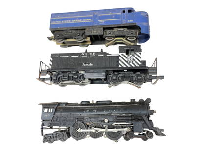 Lionel 212, 616 & 665, TLC: Includes a 212 USMC Alco diesel, dirty; 616 SF NW2 Diesel, closed hairline screw crack, rust on corner of chassis; 665 Hudson Loco, play worn, NO tender. All need TLC. NO RETURNS Sold AS-IS.