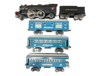 5pc Lionel Set (366W): Standard Gauge. Includes an 1835E Steam loco, replaced frame & steam chest; 1835W Die cast whistling tender; 310 Baggage; 309 Pullman; 312 Observation. All nickel trim, clean shiny bodies,showing ligh