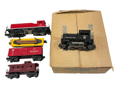 Boxed 1955 Lionel Diesel Set 1525, Plus: Includes a 600 MKT NW2 Diesel, NO crack; harder gray chassis version, scarce ob; 6111 log car; 6014 BR boxcar; 6017 Caboose, one broken roof end; track & transformer, clean set box, but cut openlike a