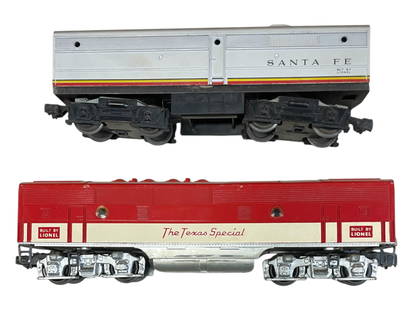 Lionel 2245C & 218C B-Units: Includes a 1955 2245 TS F3 B-Unit, clean and shiny; 218C SF Alco B-Unit, showing light to moderate play wear.