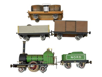 Custom Standard Gauge European Train Set: Stork Leg Nord steam loco made from brass and wood(about 5 lbs!) with brass tender and 3 all wood goods wagons. Well done and detailed, electric motor. Examine Photos. From The EstateCollection of Joe