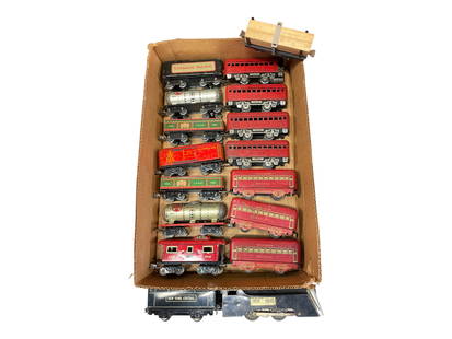 17pc Prewar Marx Lot: Includes a chrome front CV with NYC tender; 3 red frame passenger cars; 4 Silver detailed frame cars with Observation with illuminated drumhead; 7 8-wheel auto-couplers cars, and a 4-wheel lumbercar w