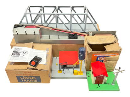 4 Boxed Lionel Accessories: Includes a 415 Diesel Fueling Station, complete; 45N Gateman, with packet, ob missing 1 flap; 317 Trestle Bridge; 364 Lumber Loader with logs and 364C. All show light play wear with better thanaverage