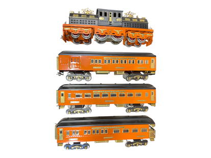 Cyrus & Varney Ives Olympian: Standard Gauge. Nice reproduction of Ives American Flyers version from 1927. Includes the Olympian 4-4-4 center cab electric, a few small marks of roof edge; with Flyer bodied 241, 242, 243passenger c