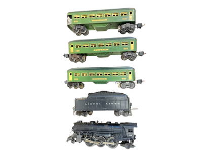Mixed Lionel 224 Passenger Set: Includes a 1947 224 steam Loco; 1939 2224t tender; 2-2640 Pullmans; 2641 Observation. All would benefit from a cleaning and show light to moderate play wear. From The Estate Collection of JoelCane.