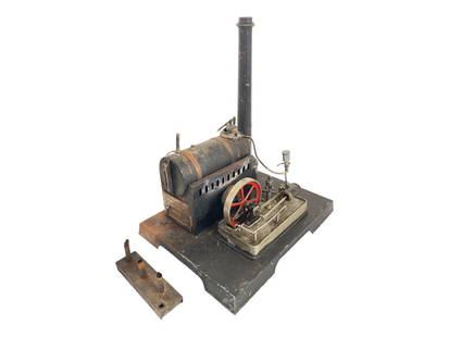Large J. Comby Stationary Steam Engine, TLC: French Post War. Approx. 10 X 13 1/2&rdquo; base, 16&rdquo; tall. It has its burner, but shows rust and needs repair. For restoration. SOLD AS-IS.