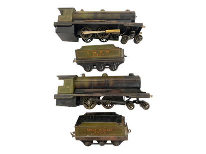 2 Bowmen 234 Enterprise Live Steam Locos: O Gauge. Includes 4-4-0 with GW 4073 Tender; 4-4-0 steam loco with LNER 4472 Tender. They show moderate to heavy firing damage, GW tender is rusty. Both have their burners and appearcomplete, good res