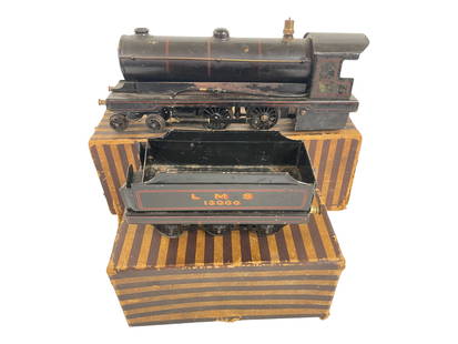 Boxed Bowman 234 LMS Live Steam Loco: O Gauge. Litho tin & Brass, Enterprise style loco, complete with burner; #250 LMS 13000 Tender. Both show light play wear, should clean-up nicely with boxes.
