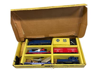 Boxed Lionel Diesel Set 1629: 1959. Includes a 225 C&O Alco A Diesel, cowl intact; 6650 Missile Launcher; 6470 Target car, complete; 3419 Flat with repro copter; 6219 C&O Work Caboose. Trains show very light use with some peripher
