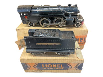 Nice Boxed Lionel 1835E Steam Locomotive: Standard Gauge. Clean and shiny with great castings, wheels turn freely; 1835W cast whistling tender, nice casting. They show light play wear with boxes(Some Basement smell) Great example!