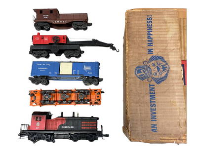 Boxed Lionel Sears Set 800: Includes a 601 Seaboard NW3 Diesel, NO crack, equipped with Magna-Taction, 3-position reverse and light; 6362 truck car, non painted version, unused load; 3424 Brakeman Car with complete -100telltale