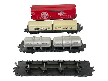 4 American Flyer 5-Digit Freight Cars: S Gauge. Includes a 24575 Jet Engine Transport, containers are intact, missing brake-wheel; 24556 RI Wheel car, intact brake-wheel; 24054 SF Boxcar, catwalk ends and brake-wheel intact, p/m trucks;Unu