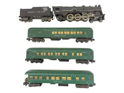 American Flyer Steam Passenger Set: S Gauge. Includes a 296 NYNH&H Pacific with coal pusher tender; painted 953 Heavyweight baggage; 952 Heavyweight Coach; 954 Heavyweight Observation. Set shows light play wear.