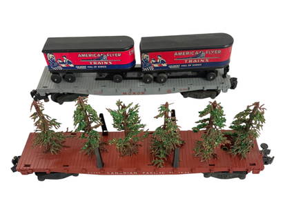 2 American Flyer 5-Digit Freight Cars: S Gauge. Includes a 24559 CP flat with NICE Christmas Trees. Much flocking still present; 24550 Piggy-Back Flat, nice stickers on vans. They show light play wear.